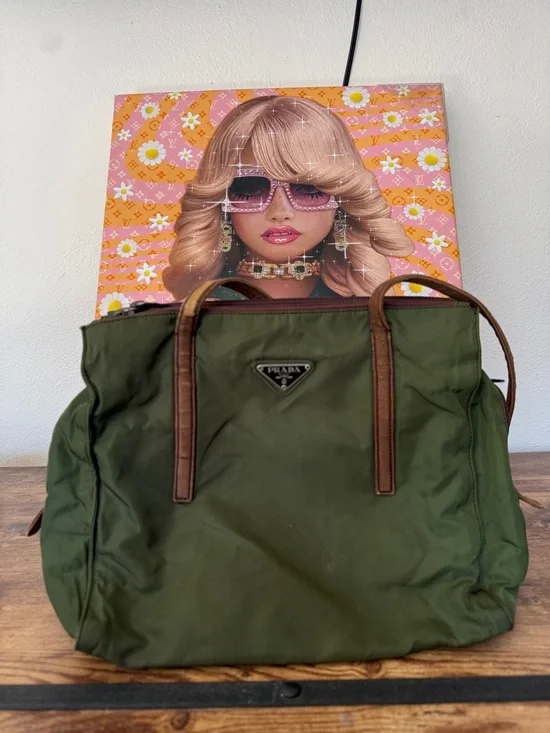 Prada Olive Green Nylon Tote with Brown Leather Trim. - Picture 3 of 9